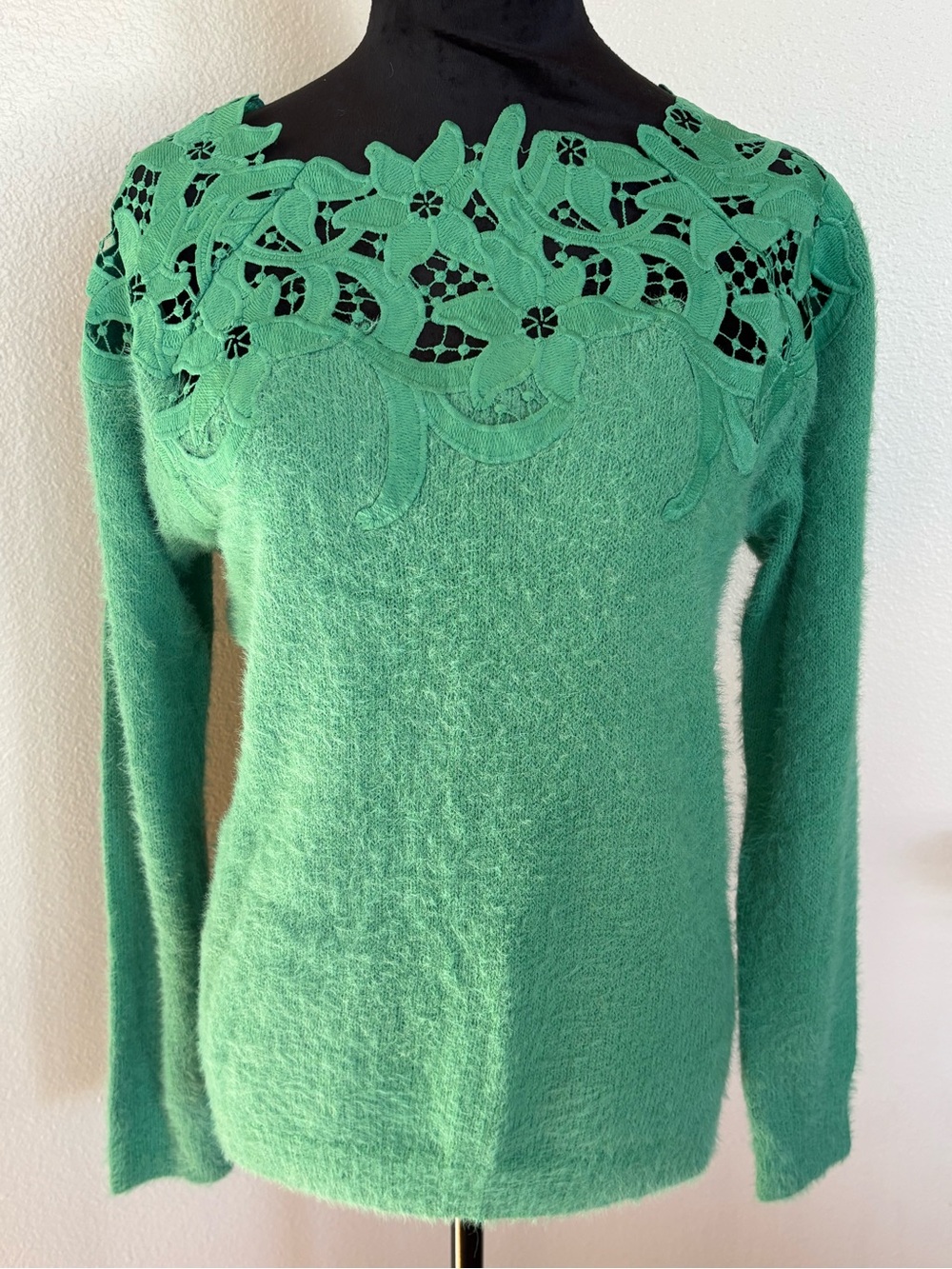 En Creme Green Lace Yoke Crewneck Sweater